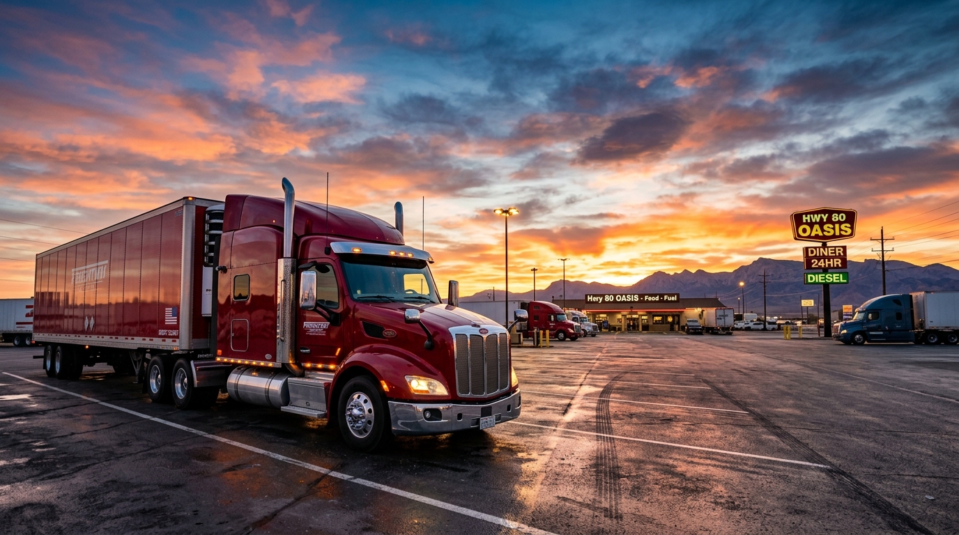 Modern semi-truck parked at sunset